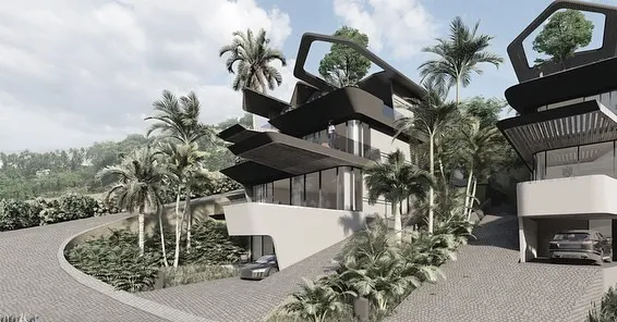 A perspective of the Dona Paula masterplan, showing how the villas are nestled into the sloping terrain. The dynamic, shifting roof forms are designed to create a unique skyline while providing shade and capturing sea breezes for passive cooling.