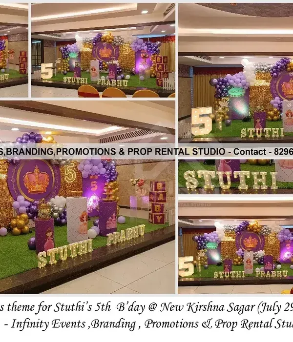 A royal princess theme for Stuthi's 5th birthday, featuring a stunning gold sequin backdrop and a purple and gold balloon garland. The setup includes a light-up number '5' and themed cylinder tables, creating a majestic party atmosphere.