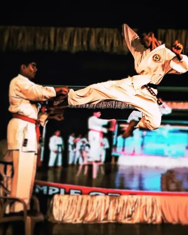 The body achieves what the mind believes. This is a demonstration of a flying side kick, a technique that requires years of dedicated practice to master timing, height, and power.