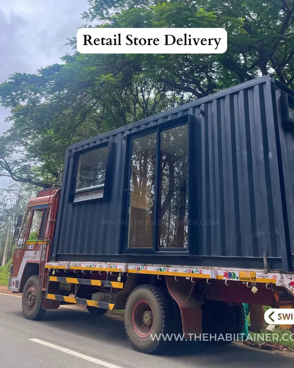 We also deliver commercial solutions like this retail store. This image shows the container store on a truck, ready for delivery to a scenic location in Coorg, showcasing our ability to set up shop anywhere.