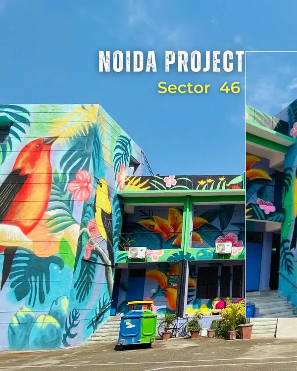 This large-scale mural at a Noida community center shows how I can transform an entire building into a vibrant piece of public art. The design features colorful Indian birds, bringing a touch of nature's beauty to the urban landscape.