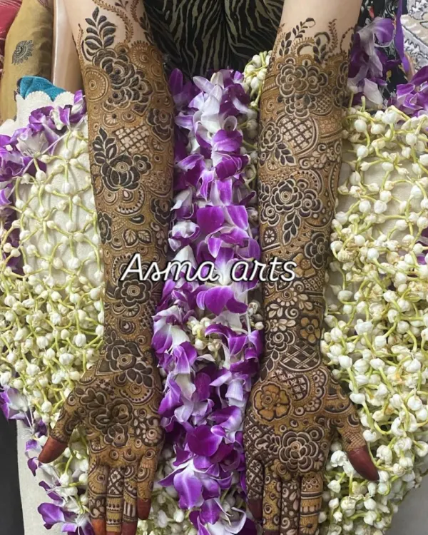 This is the kind of detailed, full-arm mehendi I love to do. Notice the mix of dense floral patterns, delicate netting, and bold figures that cover the arms from fingertips to elbow.