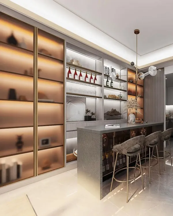 The ultimate home bar for the serious connoisseur. This design features a full-height, backlit display with frosted glass doors, a dedicated bar counter with seating, and extensive storage.