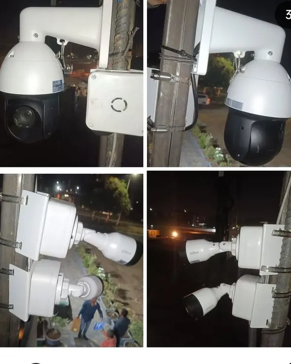 This collage showcases a recent outdoor security installation. I mounted both a pan-tilt-zoom (PTZ) camera for wide area coverage and fixed bullet cameras for specific views, ensuring no blind spots. I handle all aspects of pole-mounted camera setups, including weather-proof casing and wiring.