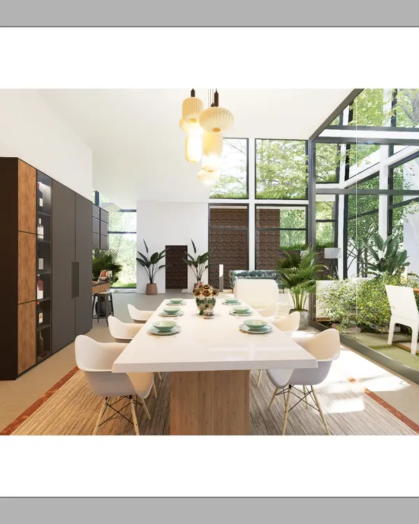 This is the heart of The Courtyard Glasshouse project, where the dining area merges with an indoor garden. I designed this space with double-height glass walls to dissolve the boundary between inside and out, creating a home that breathes and is filled with natural light.