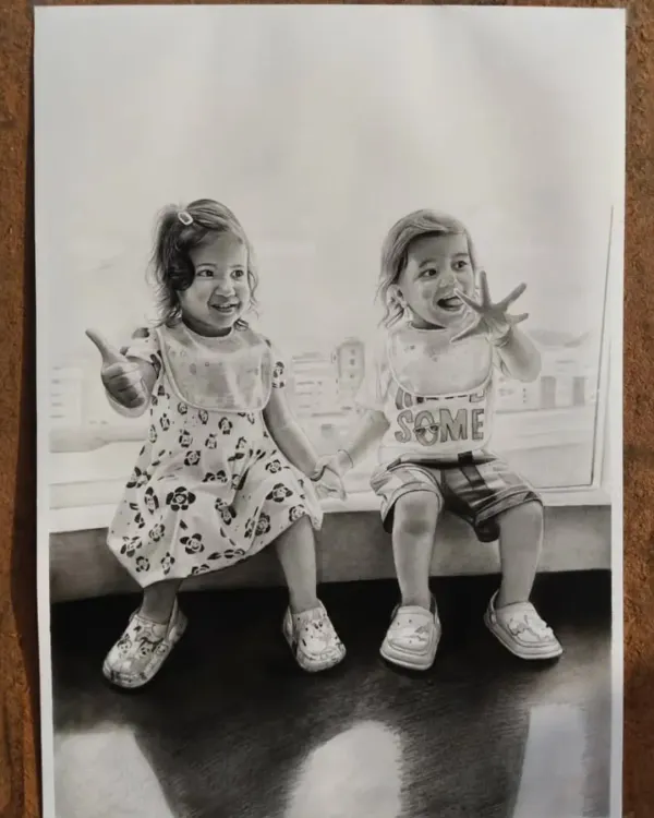 Pure cuteness in this A4 double portrait of two children, an order from Hyderabad. I loved capturing their joyful expressions and playful poses.