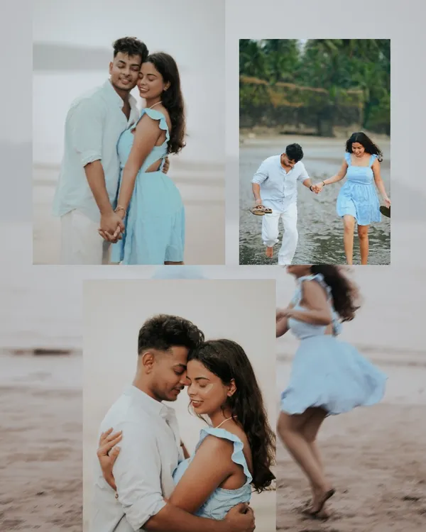 This collage captures the variety of a single beach shoot, from romantic embraces to playful walks in the water. It's a great way to tell the story of your day in one image.
