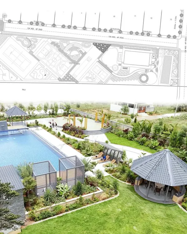 This image perfectly captures our process: the top shows the detailed landscape master plan, while the bottom shows the fully realized, lush green space at Serene Exotica.
