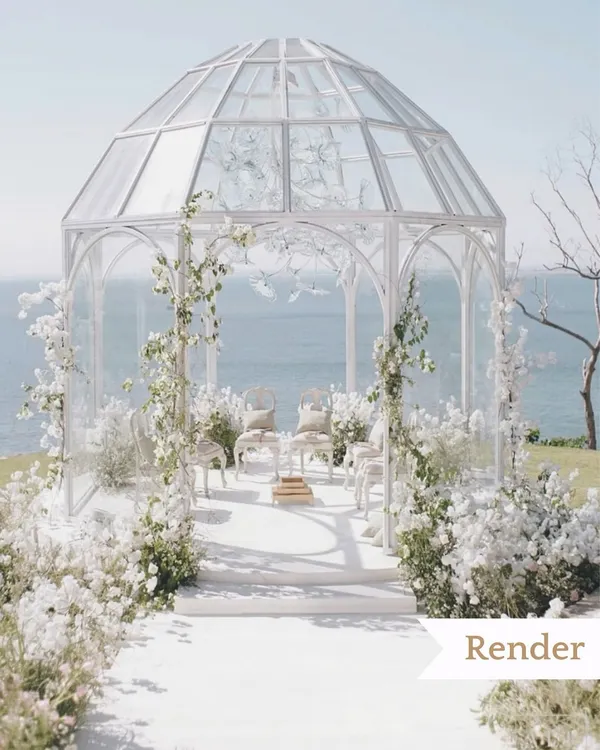 **The Vision:** A breathtaking glasshouse mandap concept, designed to feel open and ethereal against the ocean backdrop. This is the 3D render we presented to our clients.