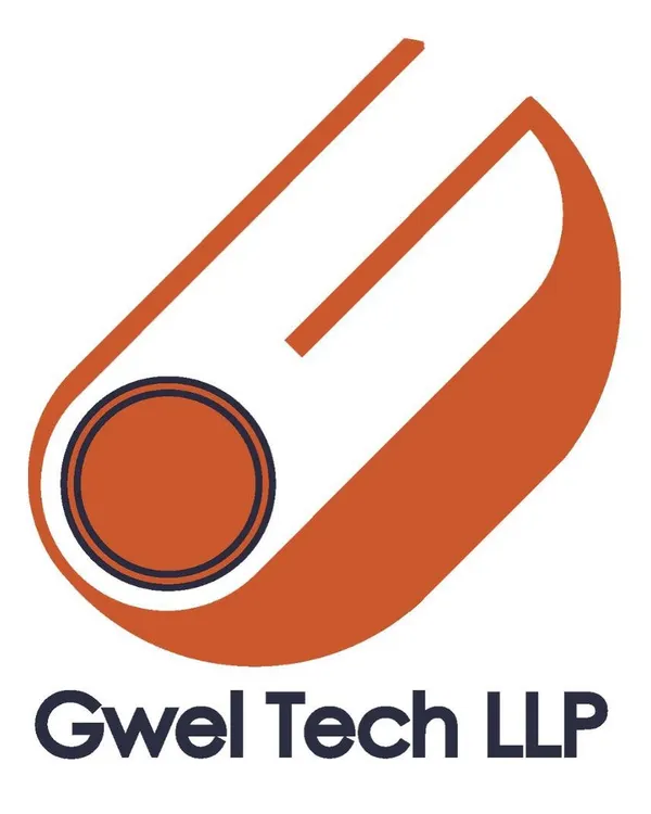 The primary color logo for Gwel Tech LLP, featuring a vibrant orange that contrasts with a professional navy blue. This version is designed for primary brand communications.