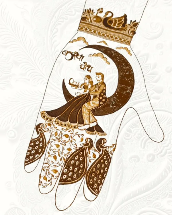 A romantic Karwachauth design showing a couple sitting on a crescent moon, with the words "Karva Chauth" written in Hindi.