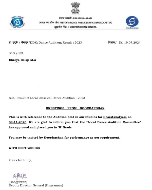 The official letter from Doordarshan recognizing me as a 'B' Grade artist. This is a significant validation of my dedication to classical dance, following a rigorous audition process.