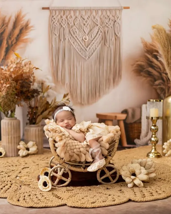 A beautifully styled bohemian scene featuring a sleeping newborn in a miniature wicker pram. The entire set is decorated with pampas grass, macrame, and jute for a cohesive, rustic look.
