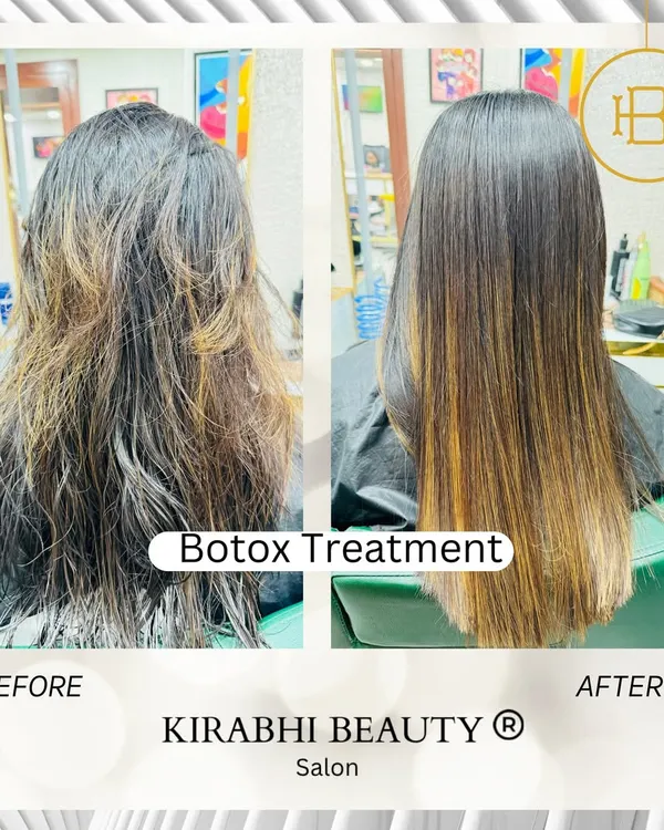 This before and after of a hair botox treatment shows the incredible difference it makes. We took dull, damaged, and frizzy hair and made it smooth, shiny, and healthy-looking with just one session.