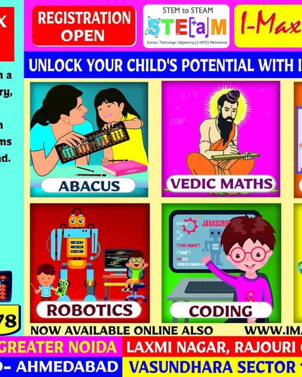 This comprehensive flyer for I-Max Academy showcases our diverse offerings, including Abacus, Vedic Maths, Kids English, Robotics, Coding, and LEGO. It lists our center locations in Greater Noida, Delhi, Ahmedabad, and Ghaziabad.