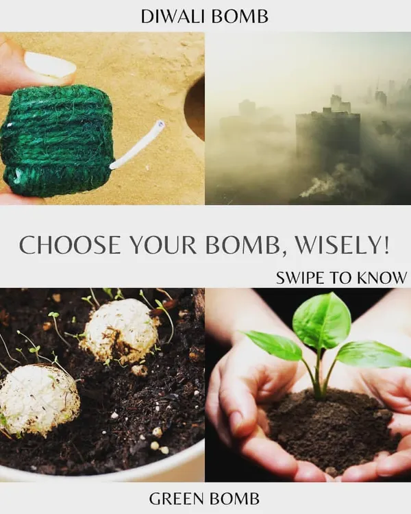 A powerful visual choice: a polluting firecracker versus a life-giving Green Bomb. This image shows how our seed bombs, which sprout into plants, are a positive alternative for celebrations, helping to restore nature instead of harming it.