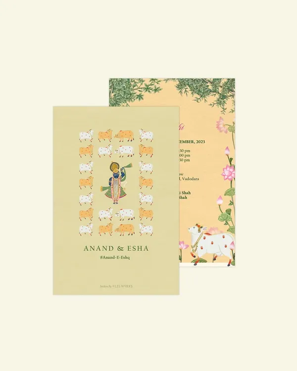 A custom invitation featuring beautiful traditional Indian graphics. The front card showcases an illustration of Krishna surrounded by cows, while the back card features the sacred Kamadhenu cow, both rendered in a classic Pichhwai style.