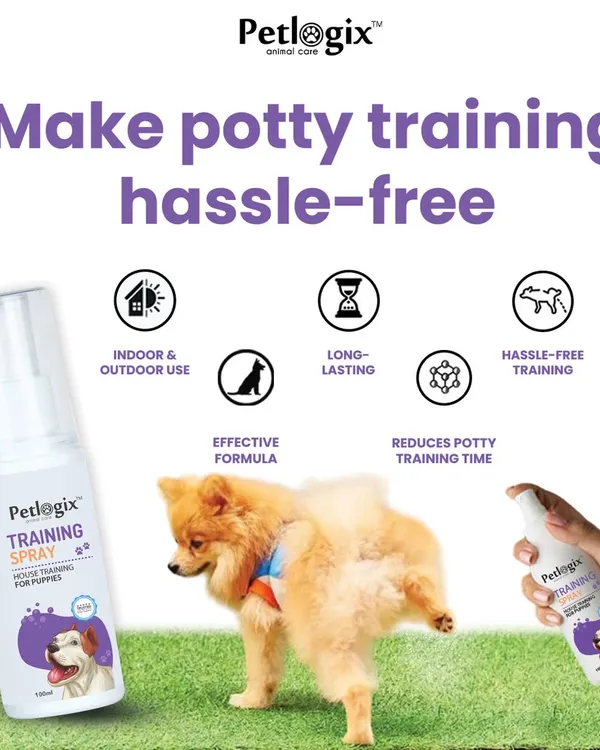My Potty Training Spray is designed to make house training a puppy hassle-free. This image shows the product, which uses an effective, long-lasting formula to help reduce potty training time. It's suitable for both indoor and outdoor use.
