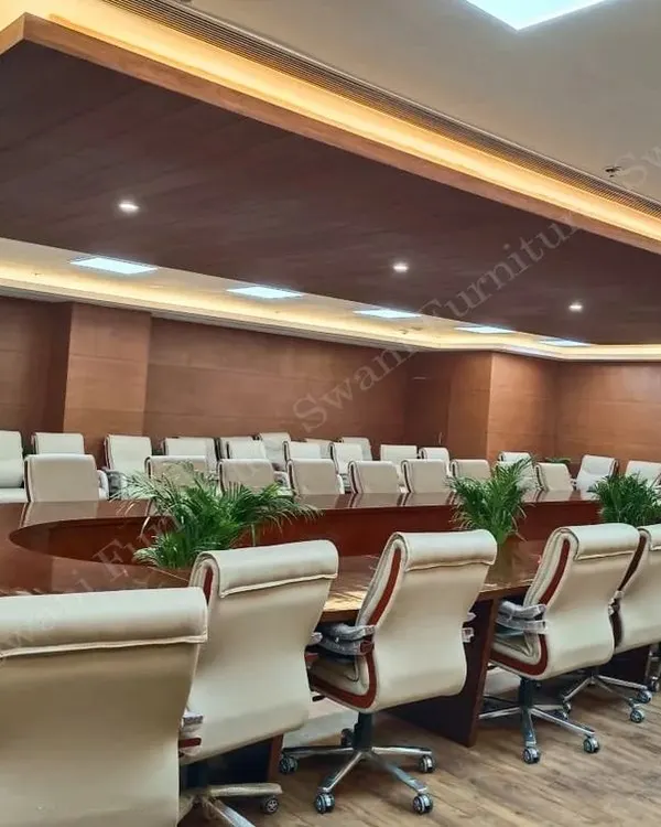This boardroom is from a turnkey project I delivered for NBCC, a Government of India enterprise. I handled the entire space, including the custom conference table, executive seating, wall paneling, and integrated lighting, creating a powerful and functional environment.