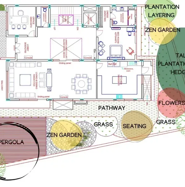 A detailed landscape plan layout for a residential project. This plan shows the strategic placement of all elements, including a pergola, zen gardens, pathways, and different types of plantation, to ensure a harmonious and functional design.