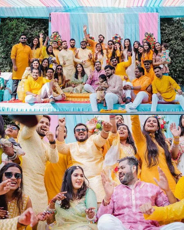A collage showing the full energy of a Haldi ceremony, from the big group photo to the wild dancing moments. It's all about celebrating with your loved ones.