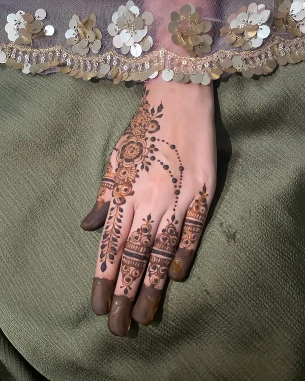 A simple and elegant design, this "bail" or vine pattern runs gracefully from the index finger towards the wrist. It's a beautiful choice for a minimalist look.