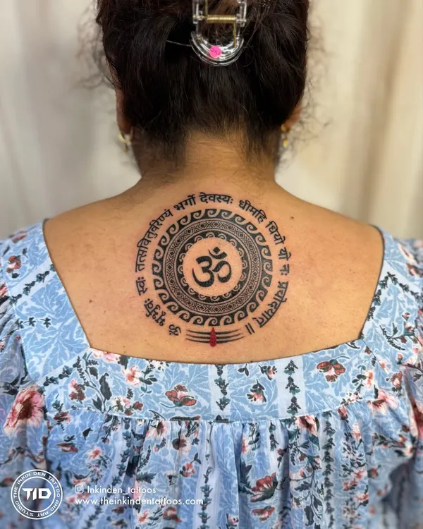 This large back piece combines an Om mandala with the Gayatri Mantra, creating a powerful spiritual shield. The intricate line work and perfect symmetry reflect my dedication to creating deeply meaningful and visually stunning sacred art.