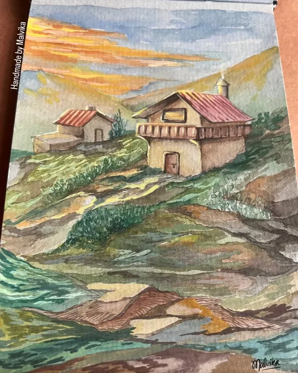 This watercolor painting is a composite of my memories from the mountains. It features cozy houses nestled on a green hillside against a warm, sunset sky. It’s a perfect example of the dreamlike "pahaad wale ghar" that I love to paint.
