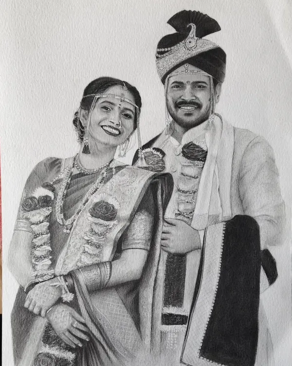 A completed graphite and charcoal wedding portrait on A3 paper. I worked to capture the elegance of the traditional Maharashtrian wedding attire and the happy expressions of the couple on their special day.