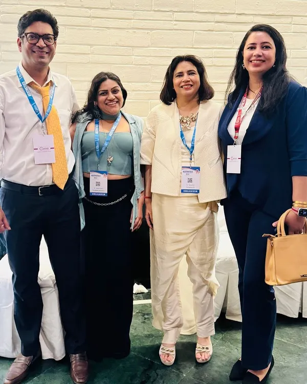 Our team of doctors, Dr. Vivek Kumar, Dr. Itishree Gupta, Dr. Hema Pant, and Dr. Kritika Pandey, attending the Aesthetics Delhi conference. We are committed to staying updated with the latest advancements in aesthetic medicine.