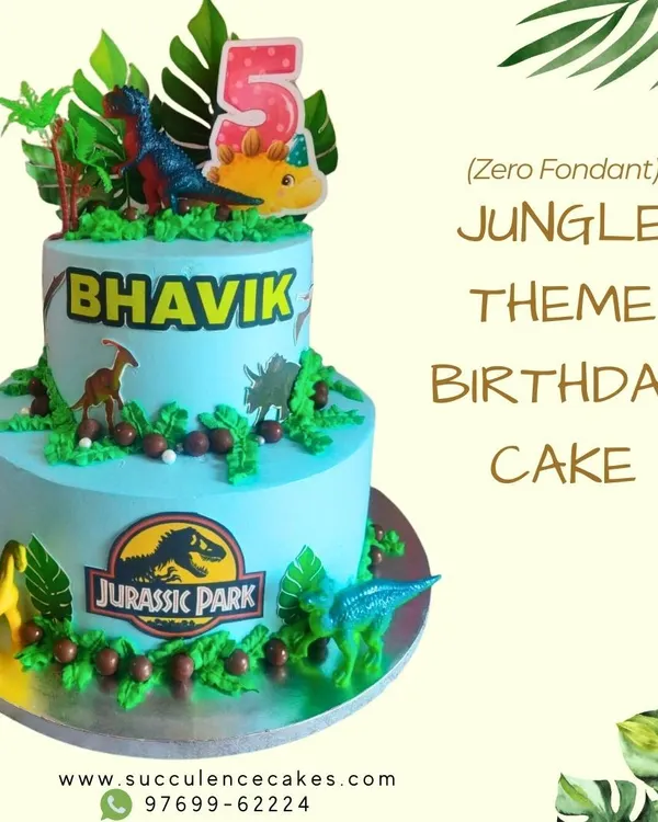This two-tier Jurassic Park cake was an exciting challenge for a 5th birthday. I used different shades of blue and green cream to create a prehistoric landscape, complete with dinosaurs and jungle foliage, for a truly adventurous celebration.