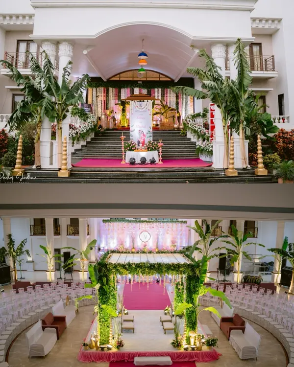 A tale of two views: the grand entrance of the wedding venue in Satara, and the stunning mandap setup waiting inside, ready for the ceremony.