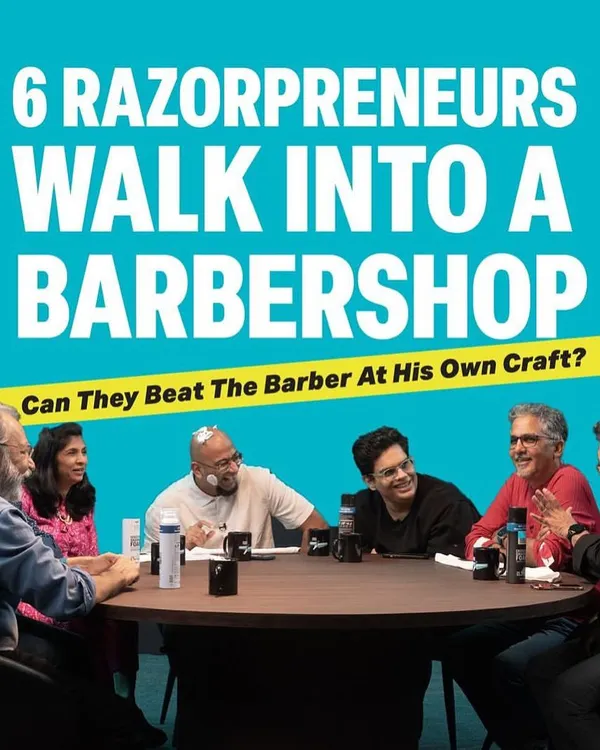 The set for 'The Barbershop with Shantanu,' a roundtable masterclass featuring top industry leaders. Our studio is ideal for multi-camera interview setups and panel discussions.