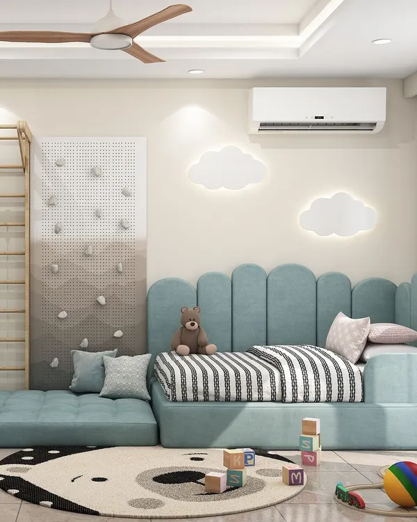 A fun and active kid's room featuring a custom bed with an extended play mattress, a climbing wall, and gymnastic rings for endless entertainment.