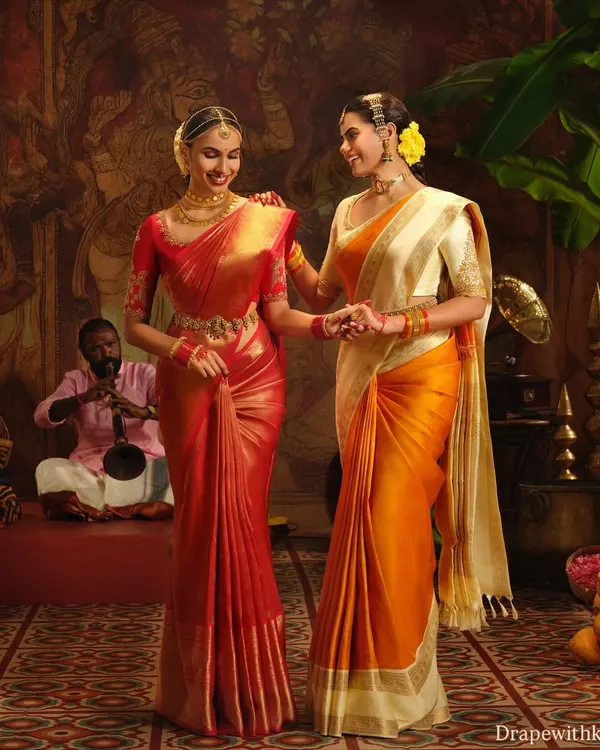 A glimpse into my work for a Pothys Sarees campaign, where I draped these two stunning models in rich, traditional silks. The goal was to create a look that felt both timeless and regal, ensuring the sarees' intricate details were the highlight.