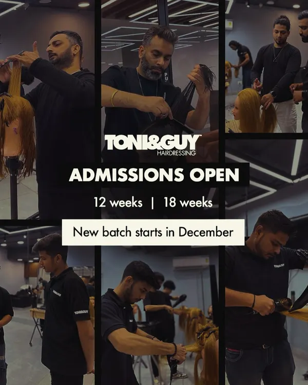 This collage captures the vibrant, hands-on environment of our hairdressing courses. It shows students practicing various techniques on mannequins, a fundamental part of our 12 and 18-week certified programs.