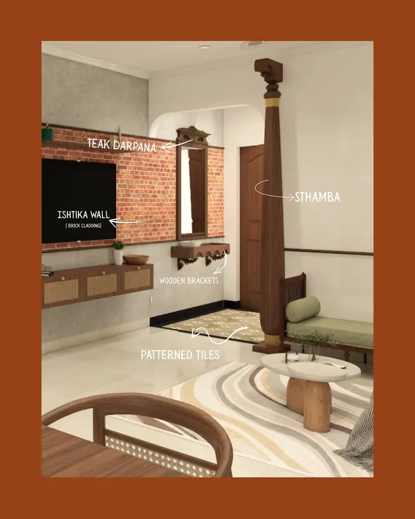 It always starts with an idea. This render shows the initial concept for the 'Kaalam' foyer, with the traditional sthamba, exposed brick wall, and patterned tiles. It's amazing to see how the vision came to life.