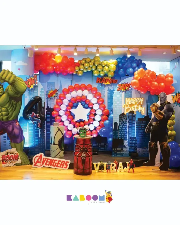 We assemble the ultimate birthday bash for your little superhero! This epic Avengers theme features life-sized characters like the Hulk and Thanos, a city skyline backdrop, and a Captain America shield balloon mosaic, creating a truly immersive Marvel universe.