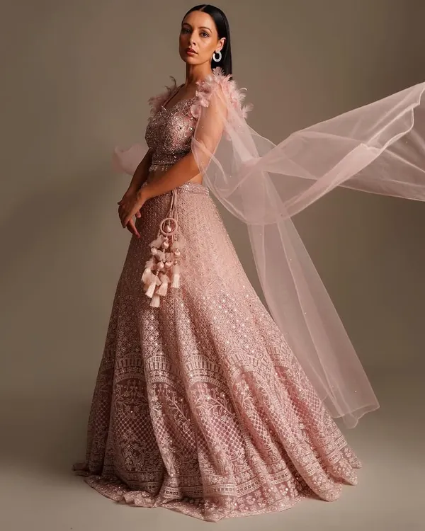 Modern, chic, and perfect for a bridesmaid or engagement party. This light pink net lehenga with a feathered blouse and flowing dupatta is a true fashion statement.