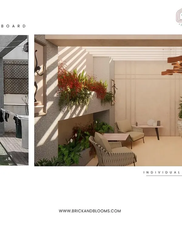 We turned a small, neglected backyard area into a sophisticated terrace lounge and bar. The 3D render shows the planned layout with a full-service bar, comfortable seating, and integrated planters, demonstrating how we visualize and plan every detail before implementation.