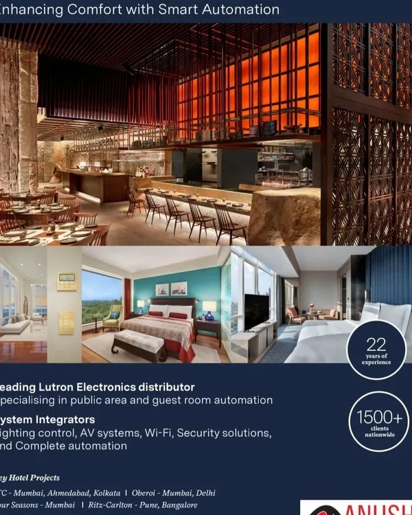 This image highlights our extensive experience in the hospitality sector, showcasing projects with ITC, Oberoi, Four Seasons, and Ritz Carlton. We specialize in public area and guest room automation, including lighting control, AV systems, and security solutions.