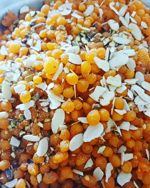 Vegan boondi prepared as prasad for Hanuman Jayanti. These sweet pearls are made entirely plant-based and offered with devotion.
