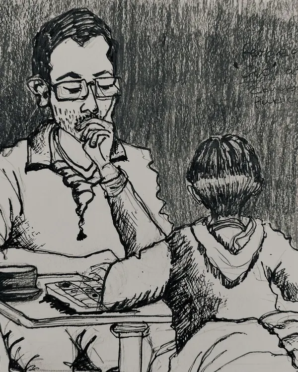 An experimental ink drawing of a father and child. I enjoy playing with different styles, and this piece uses heavy cross-hatching to create a dramatic, moody effect.