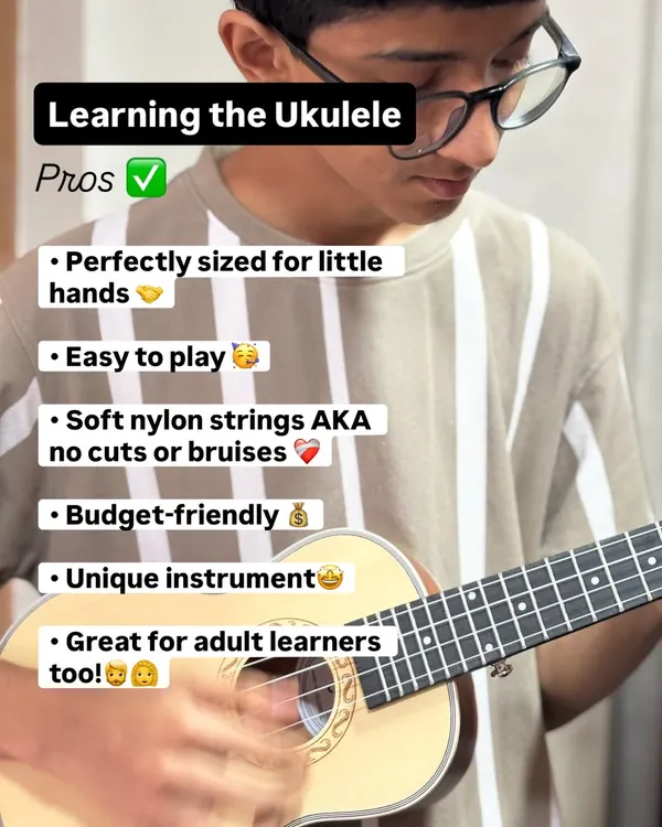 I often recommend the ukulele for beginners, and this graphic explains why. It's perfectly sized for little hands, has soft nylon strings that are gentle on fingers, and is budget friendly. It's a unique and rewarding instrument for both kids and adults.