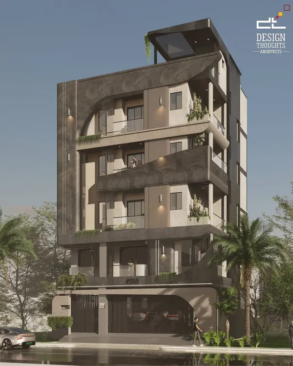 A 3D render of a G+3 contemporary residence on a 40x40 south-facing plot. The design is defined by its bold massing, textured concrete finishes, and soft curve edges, creating a sculptural facade that balances modern character with Vastu compliance.