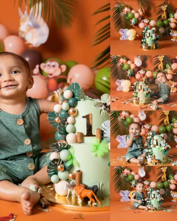 A collage from a jungle-themed first birthday cake smash. The birthday boy is all smiles next to his amazing cake, surrounded by animal figures and a green balloon arch.