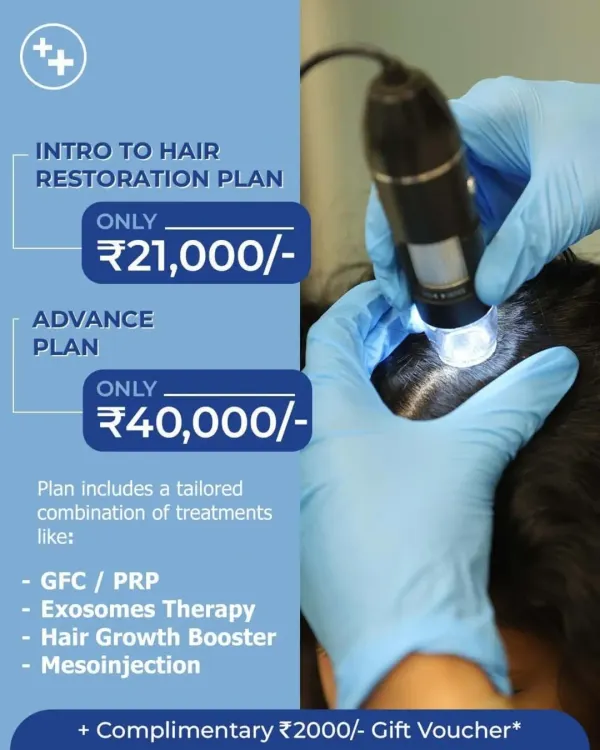 Our Hair Health Camp offers tailored restoration plans at special prices. This graphic details our Intro and Advance plans, which combine powerful treatments like GFC, Exosomes, and Mesoinjection.