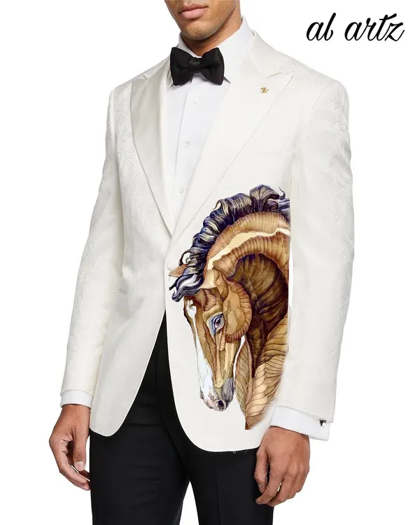 This design features a majestic horse portrait painted on a white formal blazer. The artwork is positioned to create a striking and elegant effect, turning a classic piece of menswear into wearable art.