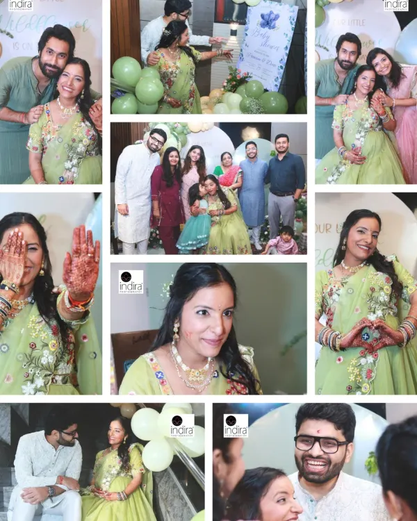 A collage capturing the vibrant and joyful atmosphere of a baby shower, from family group photos to candid moments of the mother-to-be.