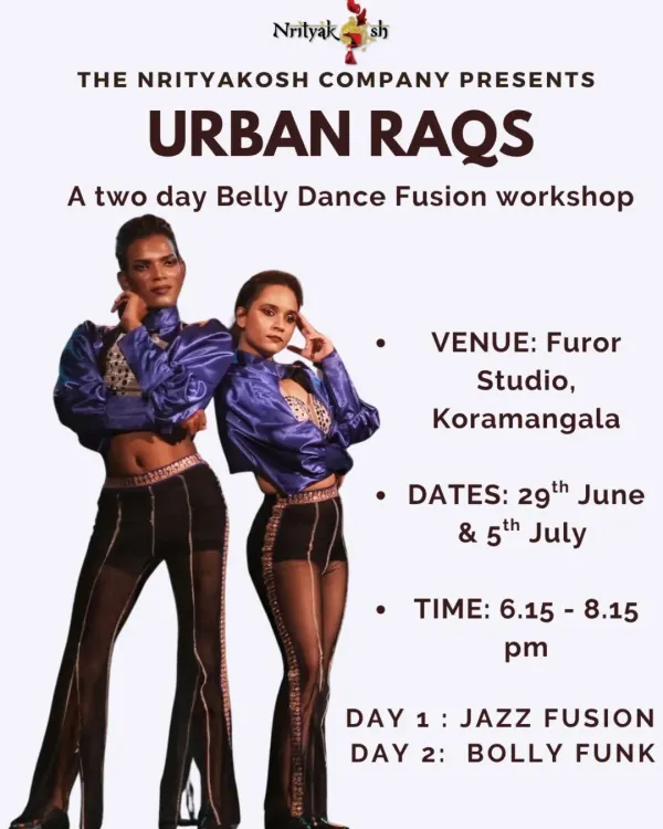 An announcement for our two day Urban Raqs belly dance fusion workshop. This series features two distinct styles: a high energy Jazz Fusion class and a vibrant Bolly Funk session.